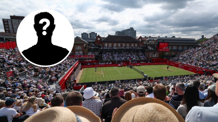 Mystery player (left) in a circle overlay and the Andy Murray arena at Queen's