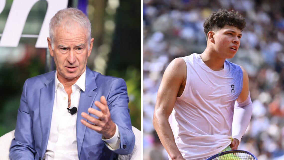 John McEnroe (left) sits down and Ben Shelton (right) looks confused