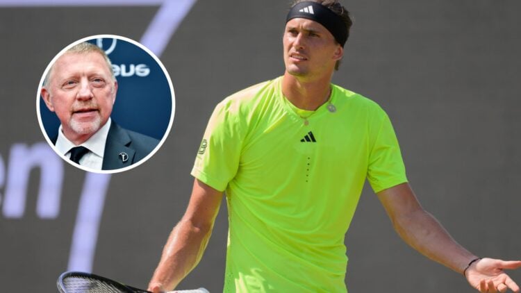 Boris Becker (left) in a circle overlay and Alexander Zverev (right) shrugs his shoulders