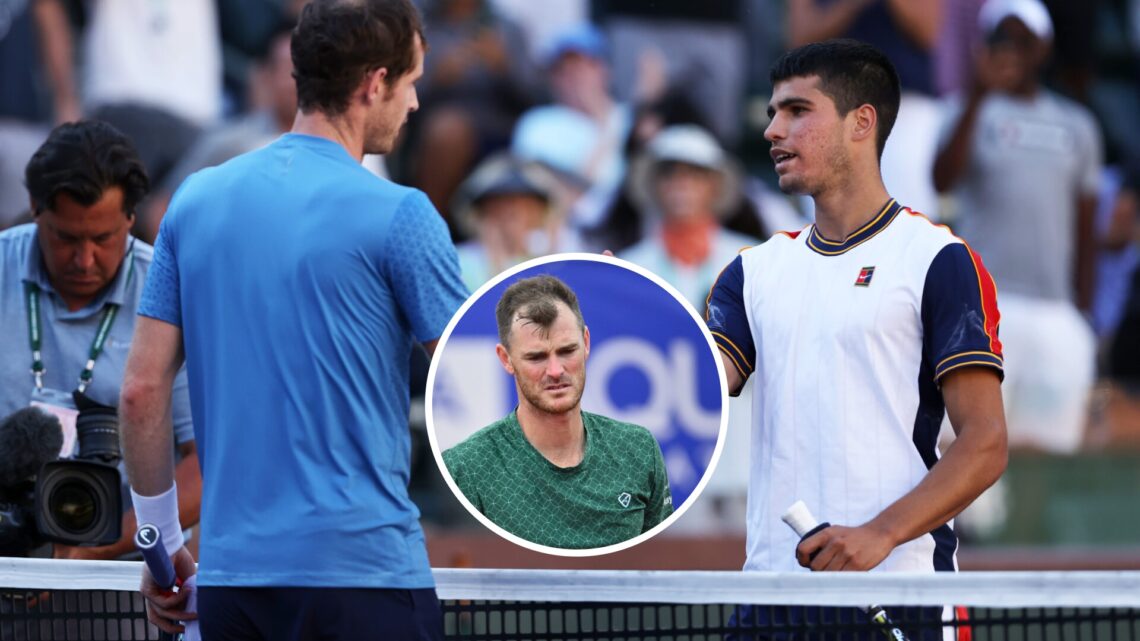 Andy Murray (left) and Carlos Alcaraz (right) shake hands, Jamie Murray (centre) in a circle overlay