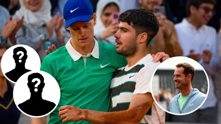 Two mystery players (left) in circle overlays, Jannik Sinner and Carlos Alcaraz embrace (middle), Andy Murray (right) in a circle overlay