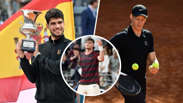 Carlos Alcaraz (left) holds a trophy, Jack Draper (middle) in a circle overlay pumps his fist and Jannik Sinner (right) collects a ball on his racket