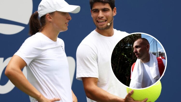 Iga Swiatek and Carlos Alcaraz both chat (left) and Dan Evans (right) in a circle overlay
