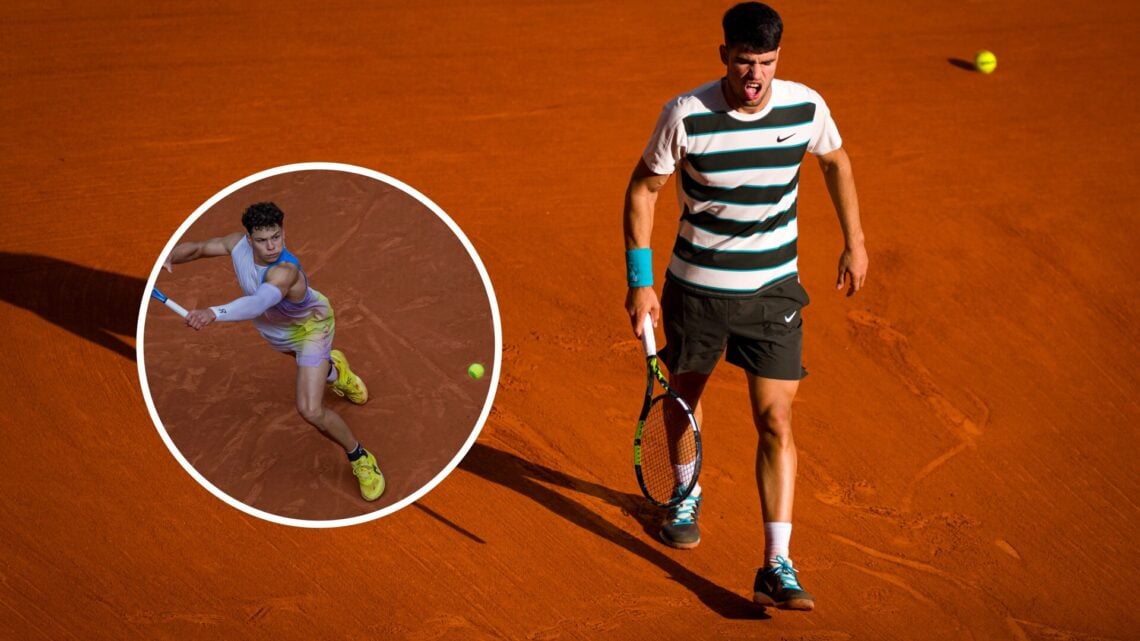 Ben Shelton (left) in a circle overlay stretches for a shot and Carlos Alcaraz (right) celebrates