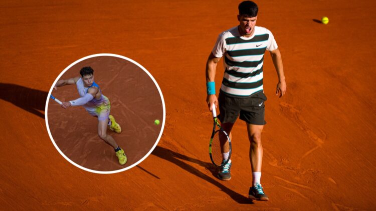 Ben Shelton (left) in a circle overlay stretches for a shot and Carlos Alcaraz (right) celebrates