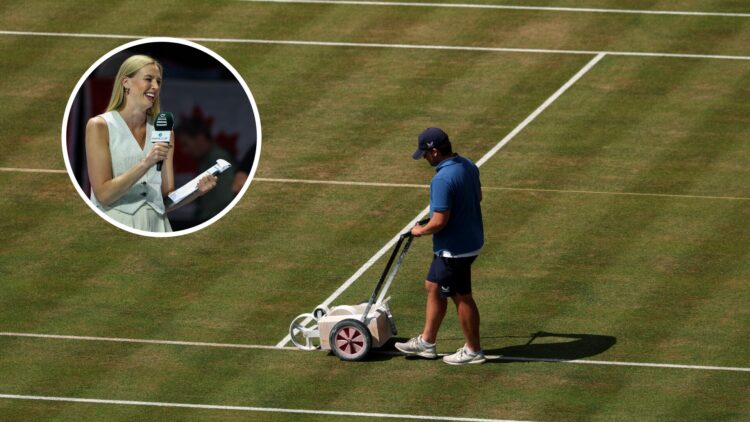 Naomi Broady (left) in a circle overlay and a groundsman (middle) paints the lines onto a grass court