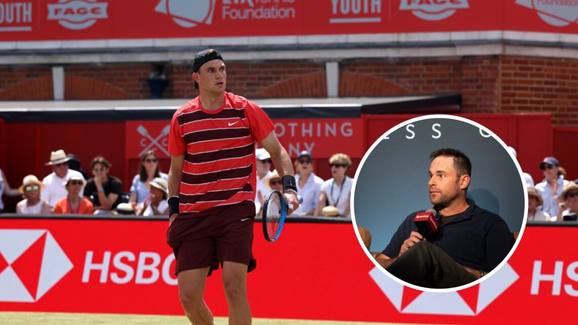 Jack Draper (left) looks on and Andy Roddick (right) in a circle overlay