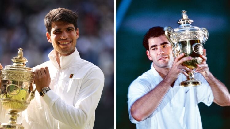 Carlos Alcaraz (left) with the Wimbledon trophy and Pete Sampras (right) with the Wimbledon trophy