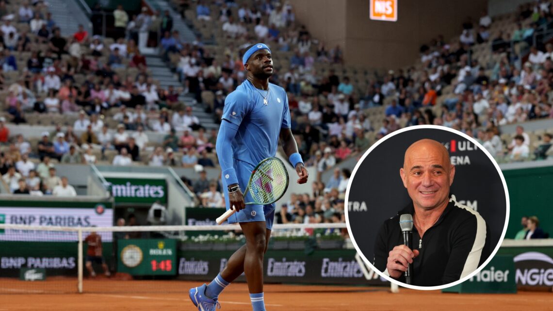 Frances Tiafoe (left) and Andre Agassi (right) in a circle overlay holds a microphone