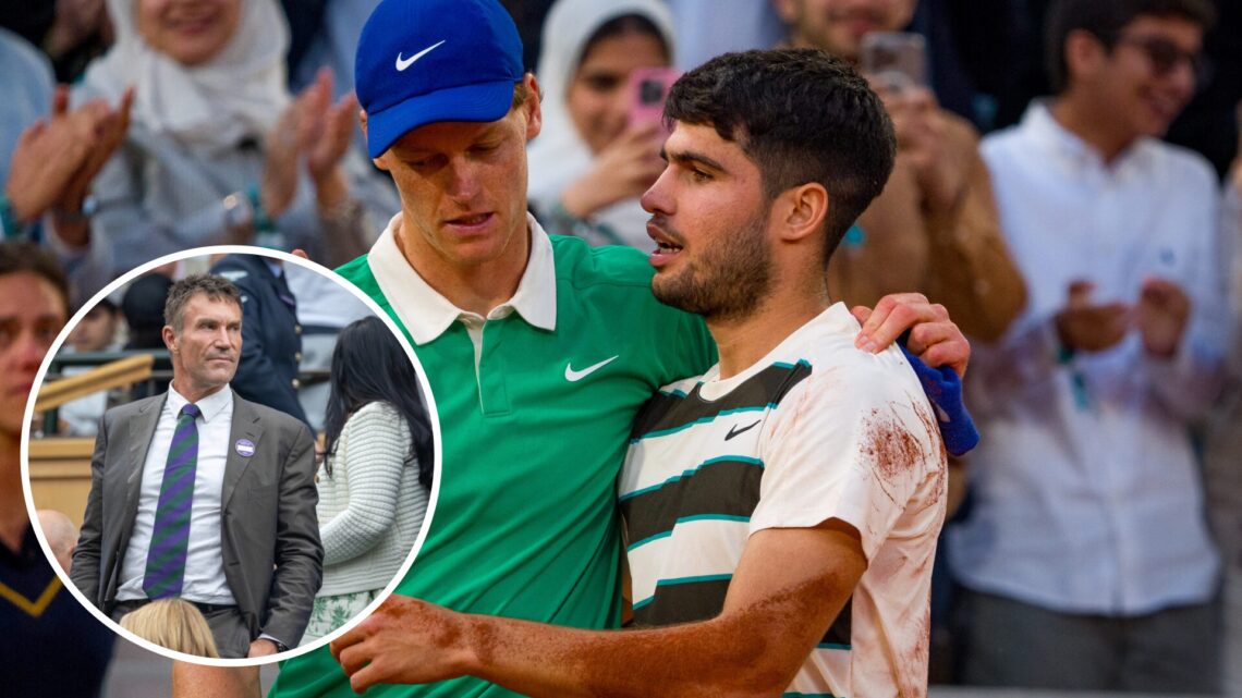 Pat Cash (left) in a circle overlay, Jannik Sinner and Carlos Alcaraz embrace (middle)