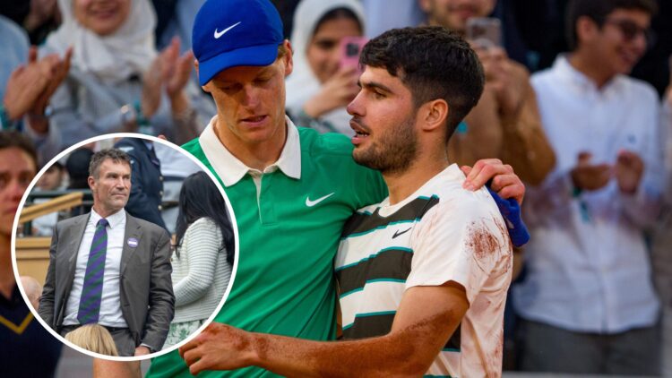 Pat Cash (left) in a circle overlay, Jannik Sinner and Carlos Alcaraz embrace (middle)