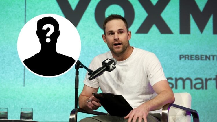 Mystery player (left) in a circle overlay and Andy Roddick (right) speaks into a microphone