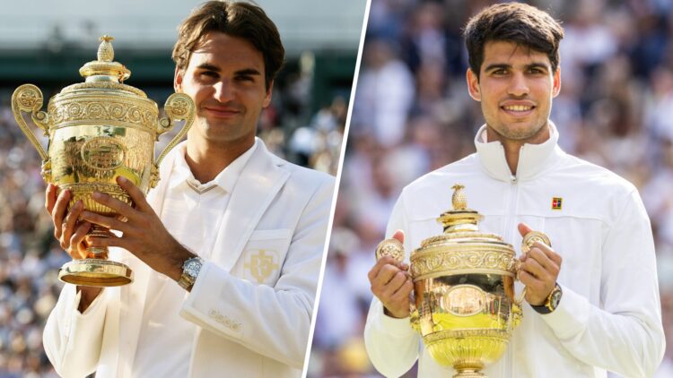 Roger Federer (left) and Carlos Alcaraz (right) both hold the Wimbledon trophy