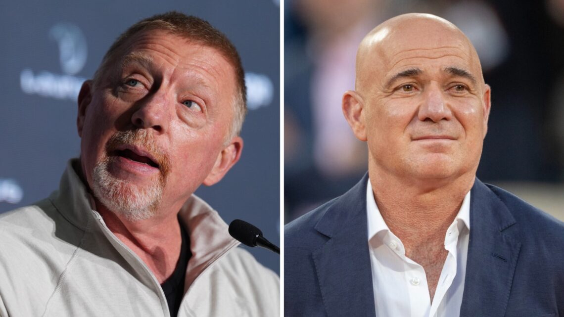 Boris Becker speaking in an interview (left) and Andre Agassi looking down the camera (right)