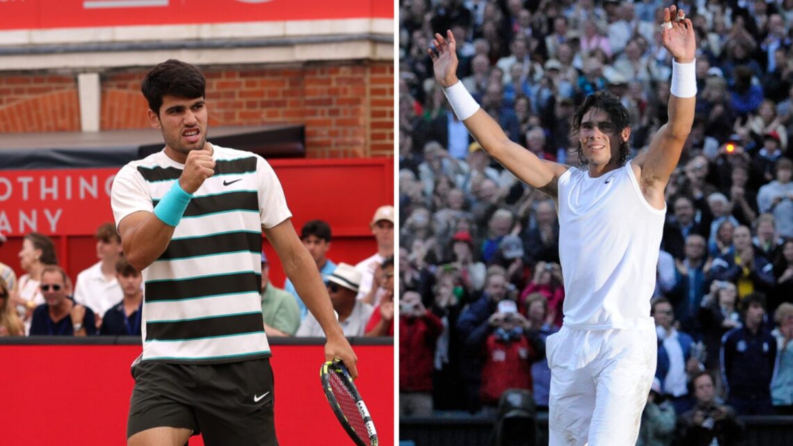 Carlos Alcaraz (left) pumps his fist and Rafael Nadal (right) raises his arms