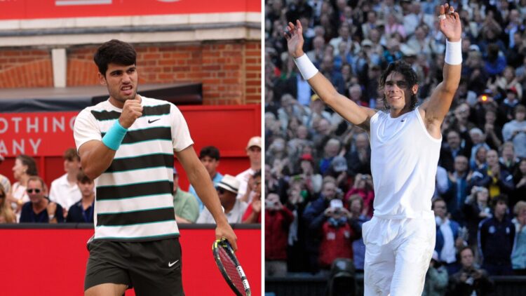 Carlos Alcaraz (left) pumps his fist and Rafael Nadal (right) raises his arms