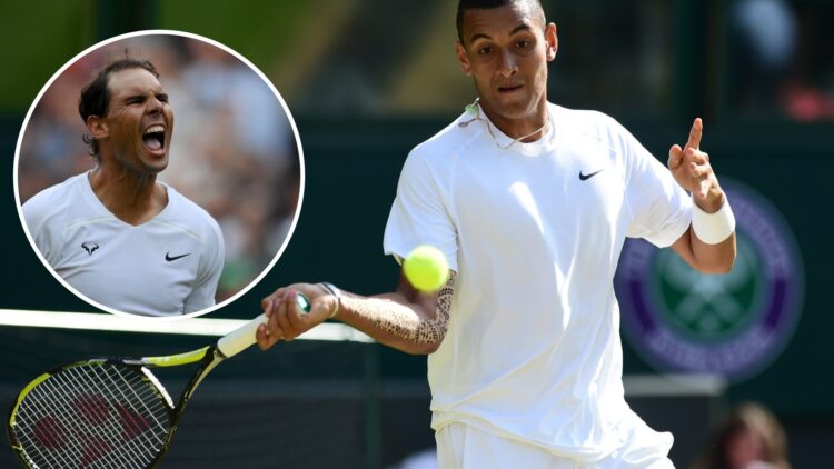 Rafael Nadal celebrating in an overlay on the right with Nick Kyrgios fist pumping on the left