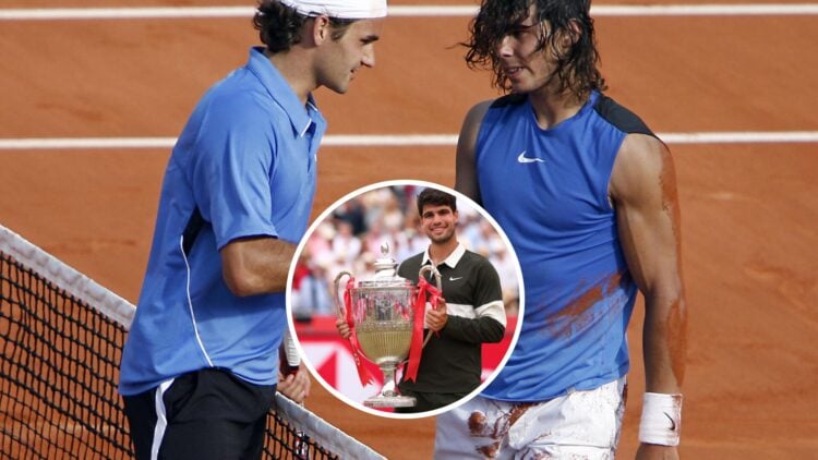 Roger Federer (left) shakes hands with Rafael Nadal (right), Carlos Alcaraz holds Queen's trophy in circle overlay (middle)