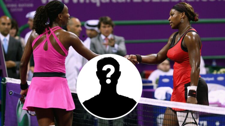 Venus Williams (left) shakes hands with Serena Williams (right), mystery player in circle overlay (middle)