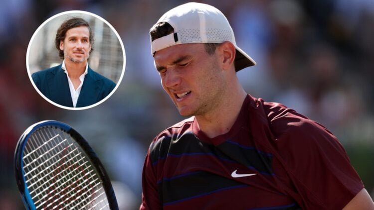 Feliciano Lopez in an overlay on the left, Jack Draper wincing on the right