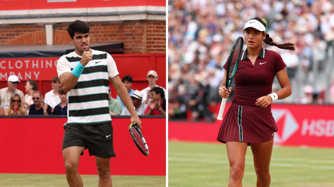 Carlos Alcaraz (left) pumps his fist and Emma Raducanu (right) shakes her racket