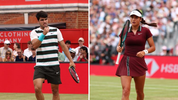 Carlos Alcaraz (left) pumps his fist and Emma Raducanu (right) shakes her racket