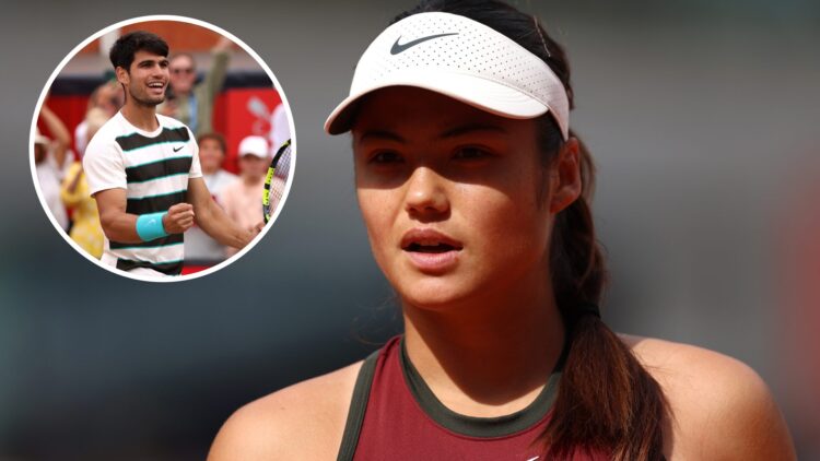 Emma Raducanu on the right and Carlos Alcaraz in an overlay on the left
