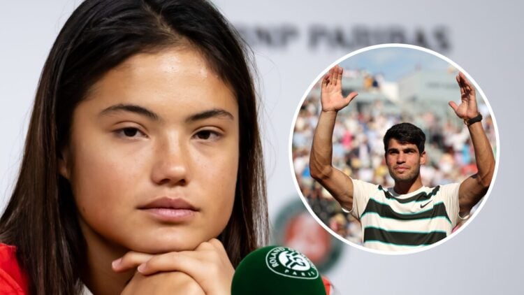 Emma Raducanu (left) looks down the camera and Carlos Alcaraz (right) celebrates in an overlay on the post