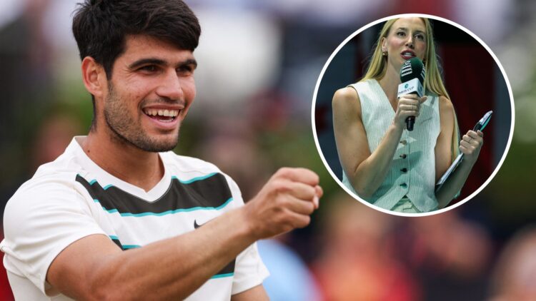 Main: Carlos Alcaraz celebrates after beating Jiri Lehecka in the final at Queen’s Club. Inset: Naomi Broady working during the 2024 Davis Cup Finals.