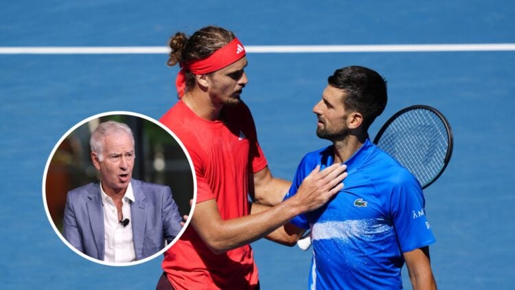 John McEnroe (left) in a circle overlay, Alexander Zverev and Novak Djokovic shake hands (right)