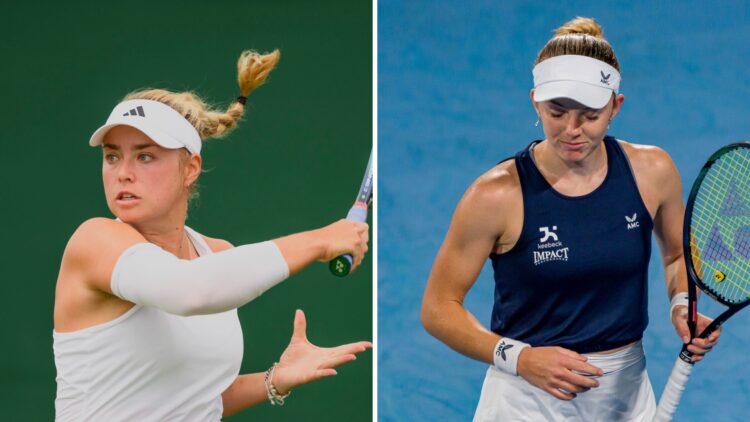 Left: Emily Appleton hits a shot during qualifying for the Wimbledon Championships in 2023. Right: Katie Swan looks dejected at the 2023 United Cup.