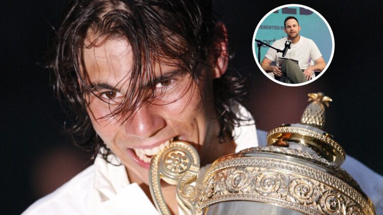 Main: Rafael Nadal biting the Wimbledon trophy after his 2008 victory against Roger Federer. Inset: Andy Roddick speaking.