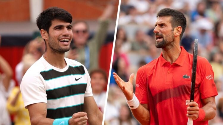 Carlos Alcaraz celebrates after winning at Queens Championship (left), Novak Djokovic protests after losing point at French Open (right)