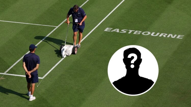 Main: Eastbourne Open groundsmen paint court lines. Inset: mystery overlay on the right.