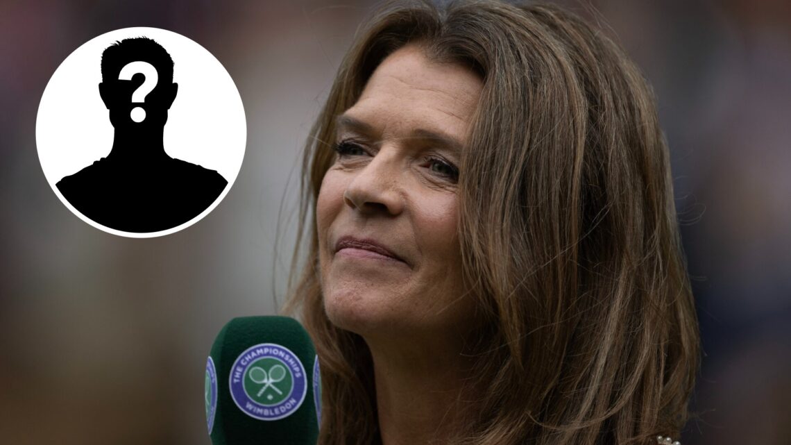 Mystery player (left) in a circle overlay and Annabel Croft (right) speaks into a microphone