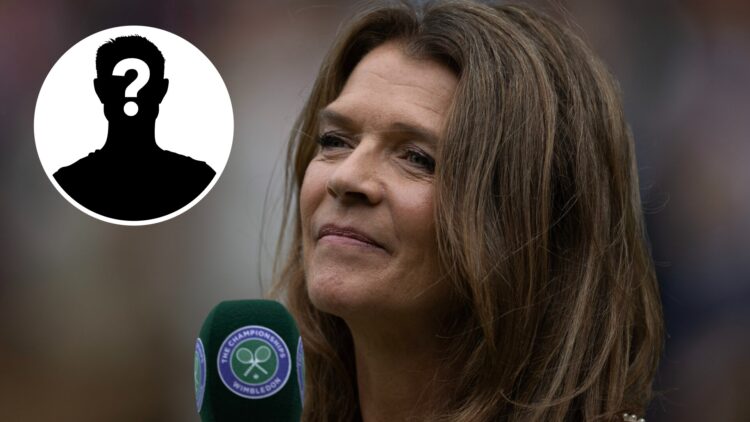 Mystery player (left) in a circle overlay and Annabel Croft (right) speaks into a microphone