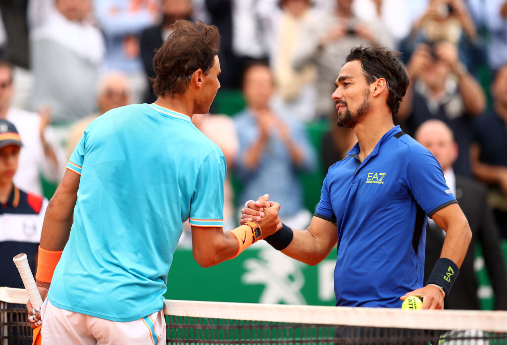 Rafael Nadal and Fabio Fognini shake hands after the 2019 Rolex Monte-Carlo Masters