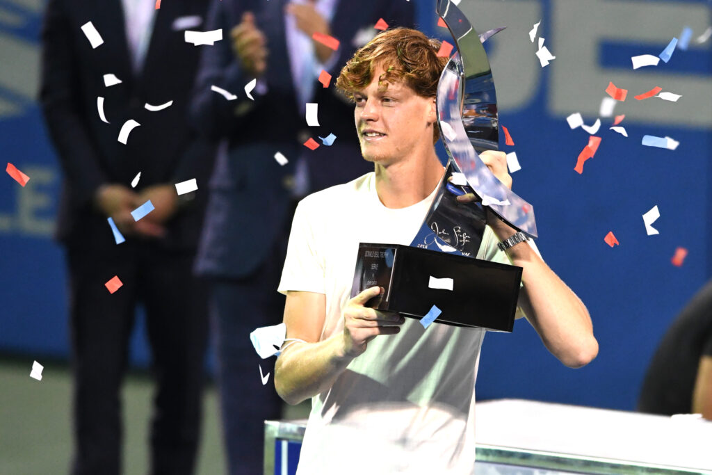 Jannik Sinner of Italy celebrates winning the finals against Mackenzie McDonald of the United States on Day 9 during the Citi Open at Rock Creek Tennis Center on August 8, 2021 in Washington, DC.