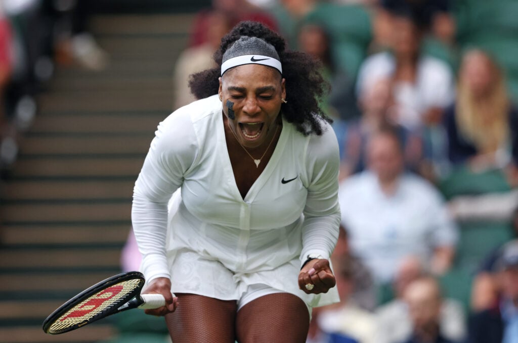 Serena Williams celebrates winning a point during her Ladiess Singles First Round match against Harmony Tan (FRA) during day two of The Championships Wimbledon 2022 at All England Lawn Tennis and Croquet Club on June 28, 2022 in London, England.