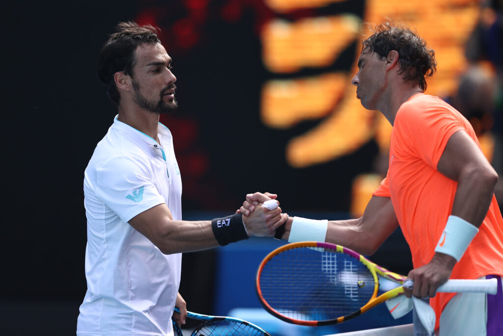 Rafael Nadal and Fabio Fognini shake hands at the 2021 Australian Open