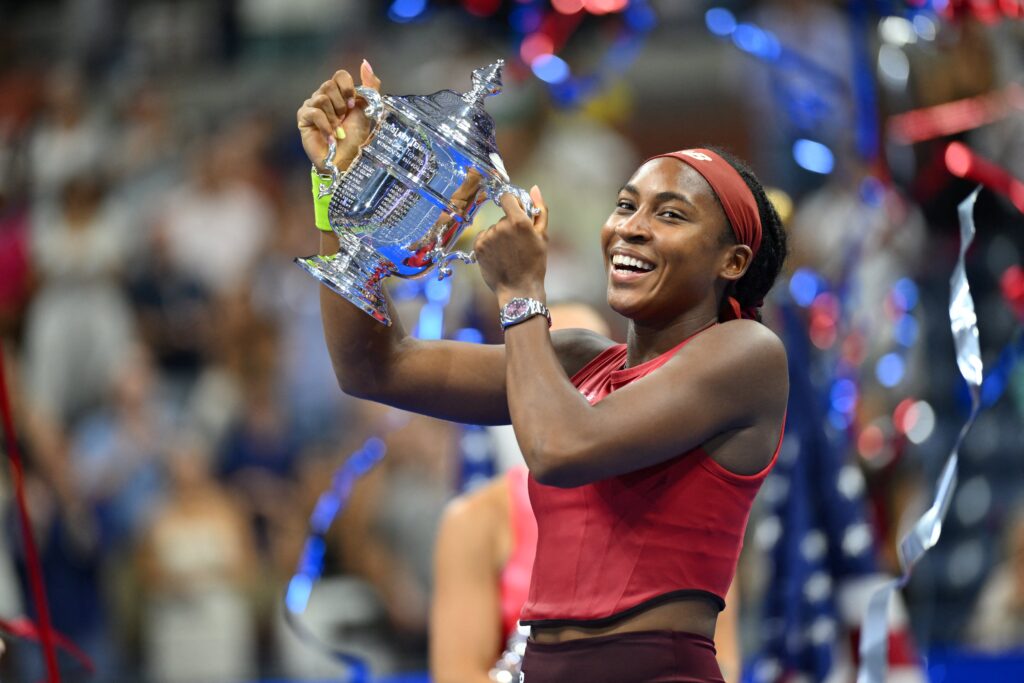 USA's Coco Gauff holds the trophy after defeating Belarus's Aryna Sabalenka in the US Open tennis tournament women's singles final match at the USTA Billie Jean King National Tennis Center in New York City, on September 9, 2023.