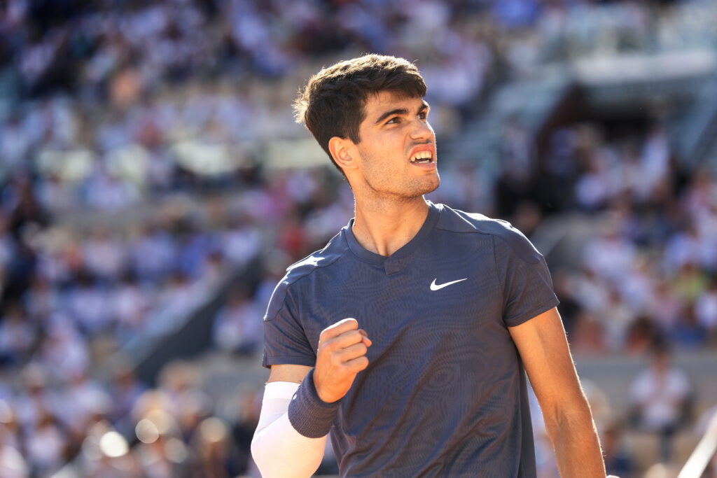 Carlos Alcaraz of Spain reacts during his match against Jannik Sinner of Italy on Court Philippe-Chatrier during the Semi-Final at the 2024 French Open Tennis Tournament at Roland Garros on June 7th, 2024, in Paris, France.