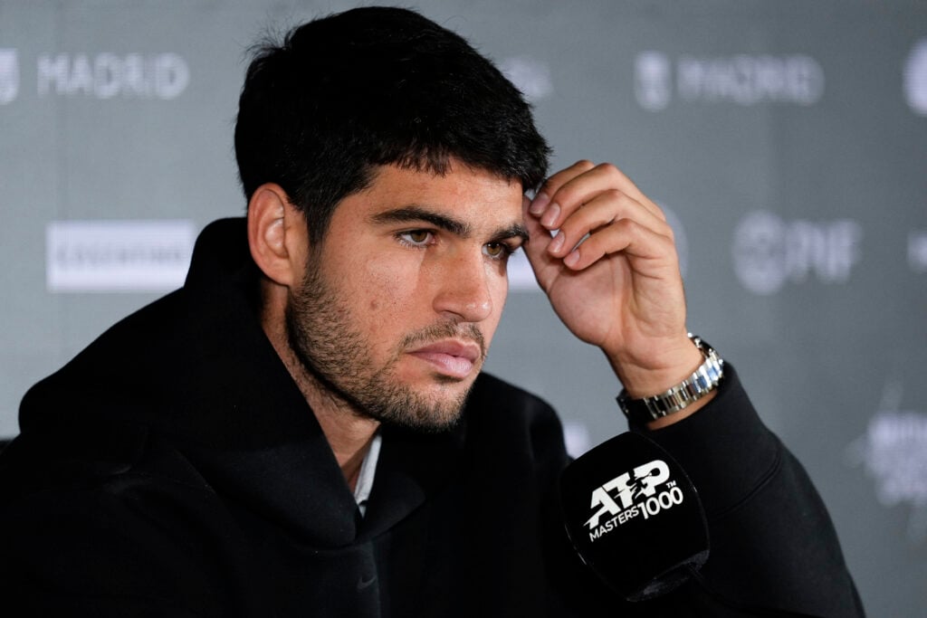 Carlos Alcaraz of Spain attends a press conference during the Mutua Madrid Open 2025, ATP Masters 1000 and WTA 1000 tennis tournament, at Caja Magica on April 24, 2025 in Madrid, Spain.