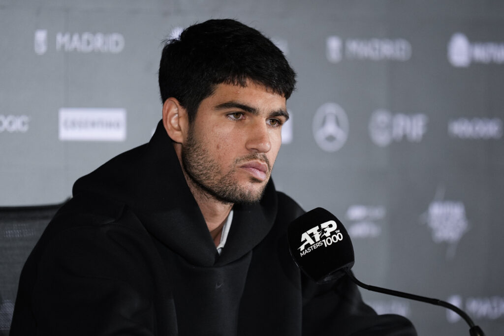 Carlos Alcaraz of Spain attends a press conference during the Mutua Madrid Open 2025, ATP Masters 1000 and WTA 1000 tennis tournament, at Caja Magica on April 24, 2025 in Madrid, Spain.