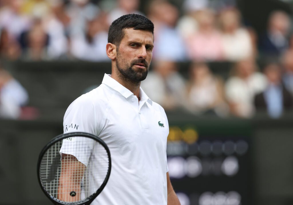 Novak Djokovic (SRB) [6] during his Gentlemen's Singles Fourth Round match against Alex de Minaur (AUS) [11] during day eight of The Championships Wimbledon 2025 at All England Lawn Tennis and Croquet Club on July 7, 2025 in London, England.