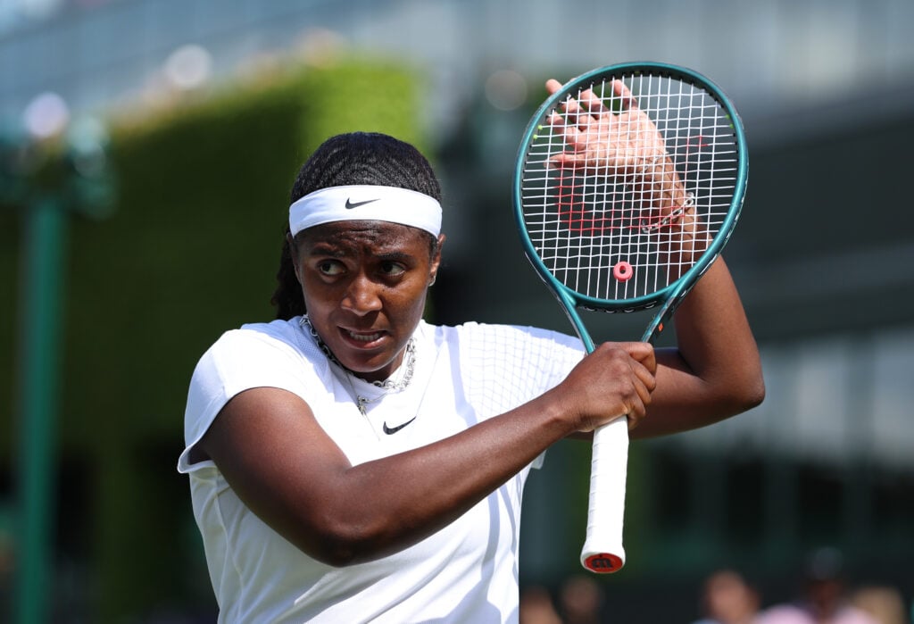 Hailey Baptiste of United States celebrates match point against Victoria Mboko of Canada during the Ladies' Singles second round match on day four of The Championships Wimbledon 2025 at All England Lawn Tennis and Croquet Club on July 03, 2025 in London, England.