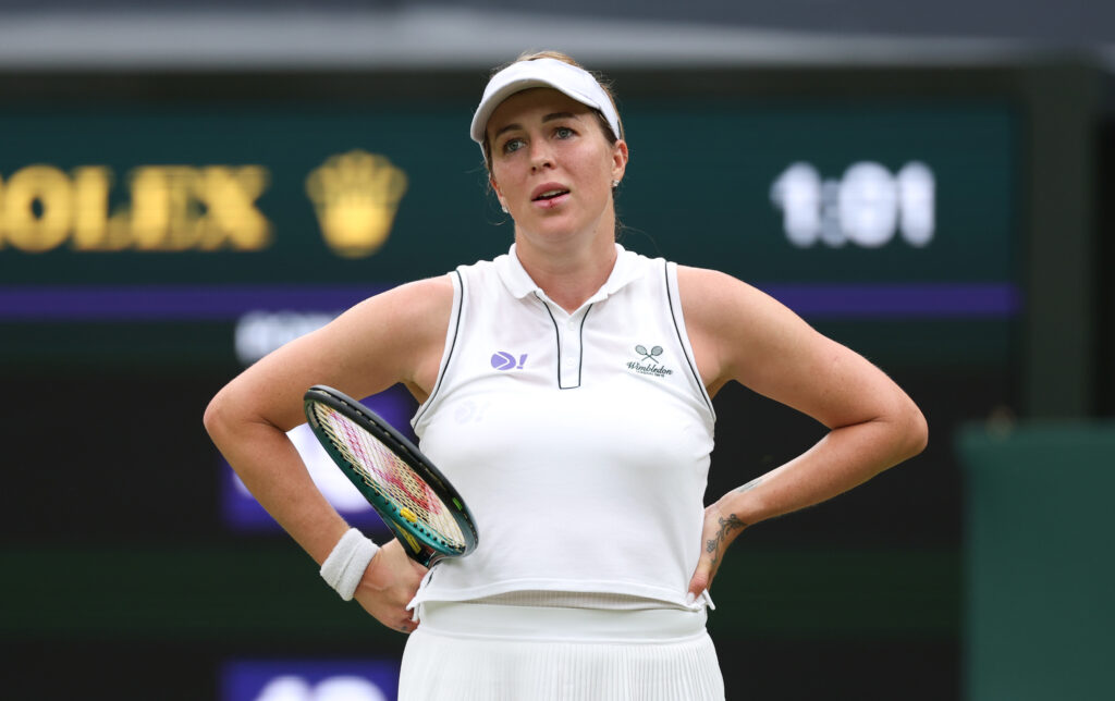 Anastasia Pavlyuchenkova reacts against Sonay Kartal of Great Britain during the Ladies' Singles fourth round match on day seven of The Championships Wimbledon 2025 at All England Lawn Tennis and Croquet Club on July 06, 2025 in London, England.