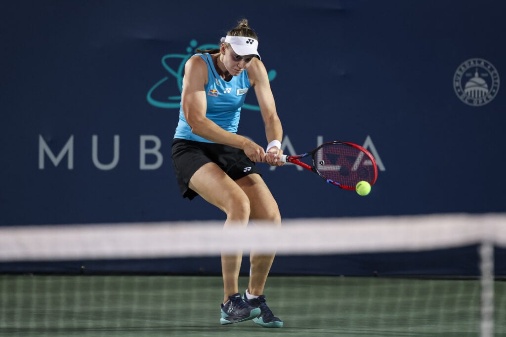 Elena Rybakina hits a backhand against Victoria Mboko at the Mubadala Citi DC Open 2025