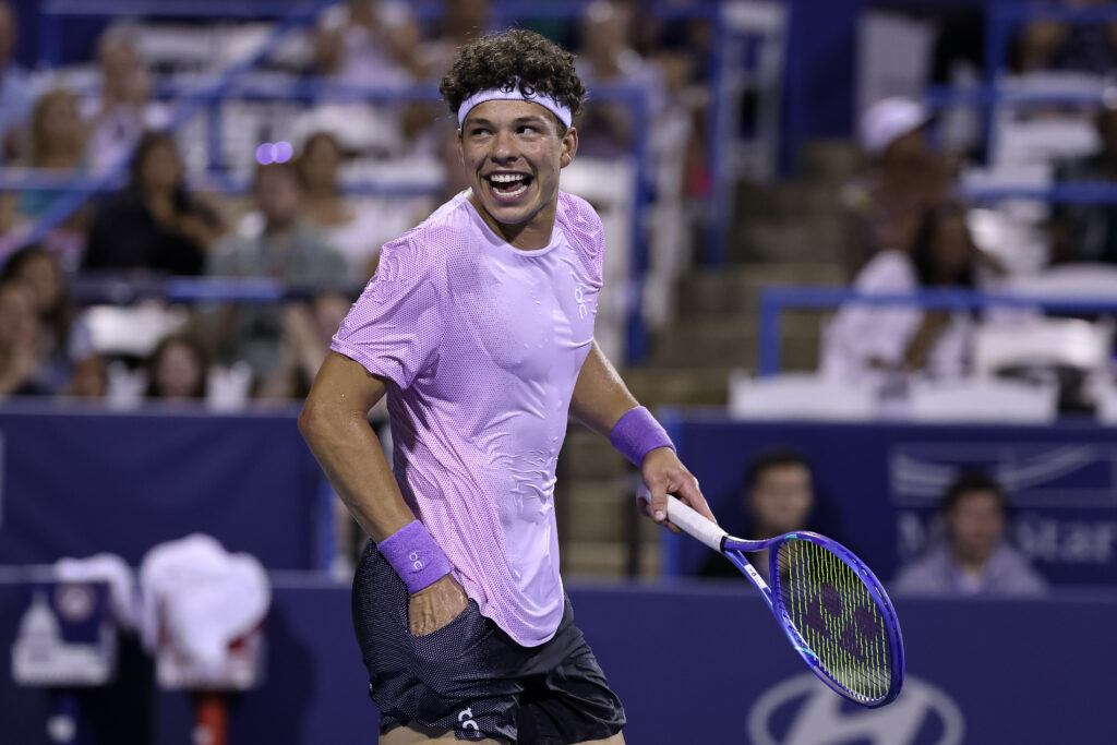 Ben Shelton of the United States reacts during a men's singles match against Alejandro Davidovich Fokina of Spain on day 6 of the Mubadala Citi DC Open 2025 at William H.G. FitzGerald Tennis Center on July 26, 2025 in Washington, DC.