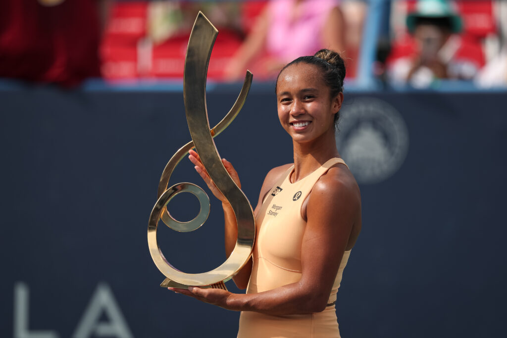 Leylah Fernandez of Canada poses with the championship trophy after winning a women's singles championship match against Anna Kalinskaya on the final day of the Mubadala Citi DC Open 2025 at William H.G. FitzGerald Tennis Center on July 27, 2025 in Washington, DC.
